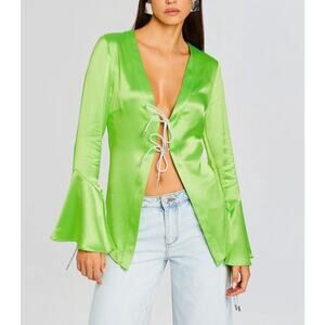 RETROFETE Svea Blouse Womens Small Fresh Lime Green Tie Front Bell Sleeve NEW